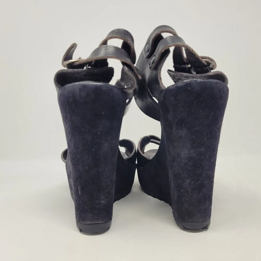 Pedro Garcia Sandals Womens US 8.5 Black Leather Wedge Boho Biker Rocker Buckles